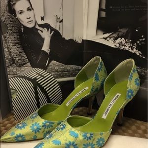 Manolo Blahnik D’Orsay Satin Green, teal Flowers